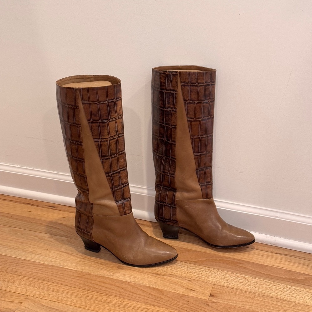 Vintage Giuliano ai Firenze Tall Boots Brown Leather Croc‎ Print Size 8M